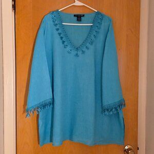 Saint Tropez West 100% Linen Tunic Top Womens 3X Turquoise Blue Embellished Boho